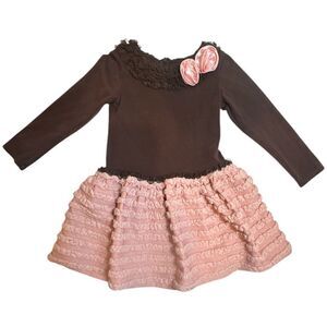 Iris & Ivy Brown and Pink Sateen Rosettes Layered Skirt Dress Girls Size 5